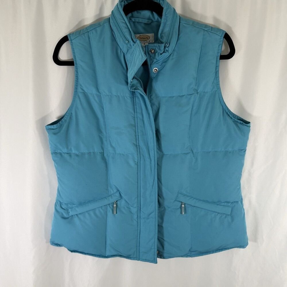 Talbots Goose Down Vest Women' Medium Blue Full Zip Packable Hood Zip Pockets